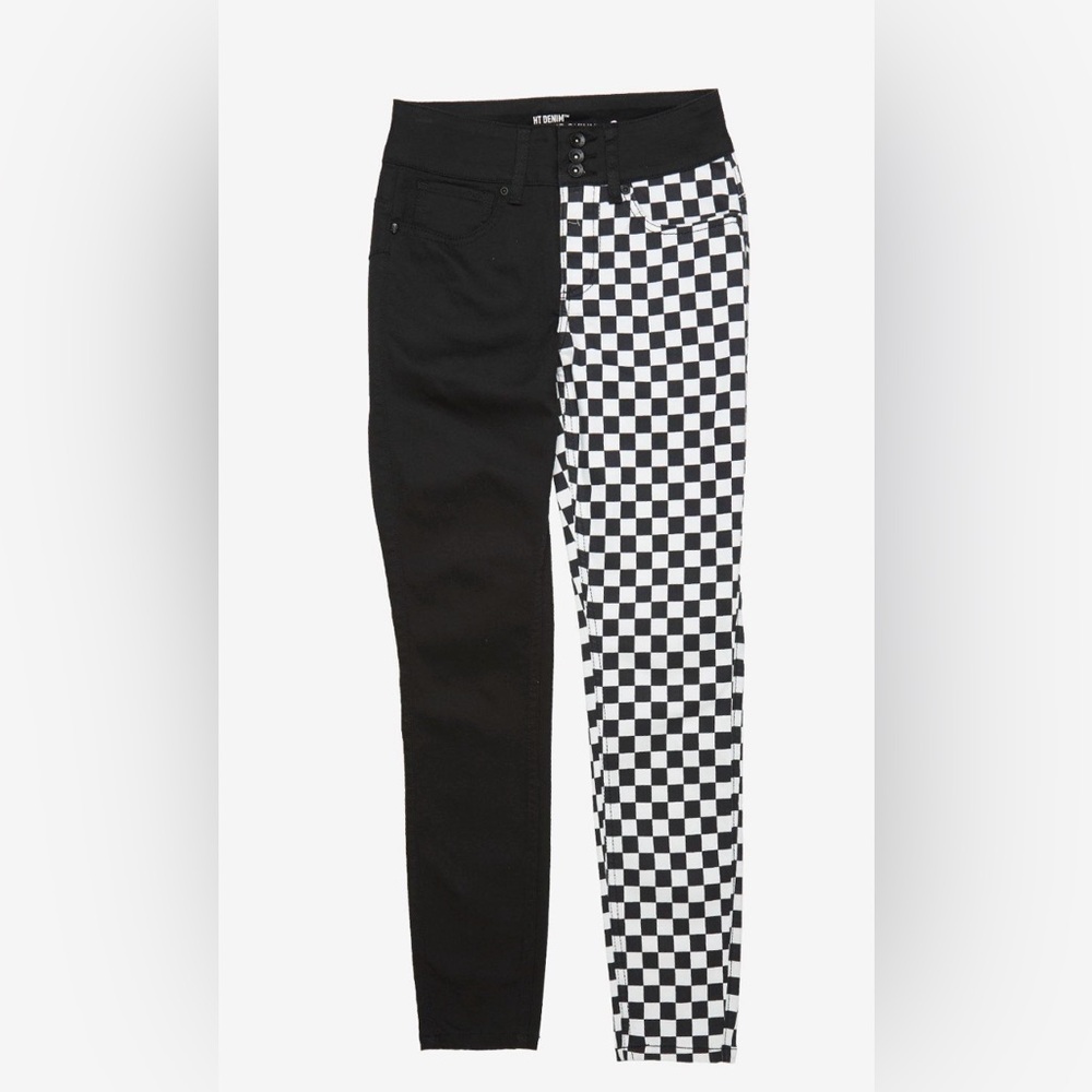 Hot Topic Denim Black & White Checkered Split Leg Hi-Rise Super Skinny Jeans